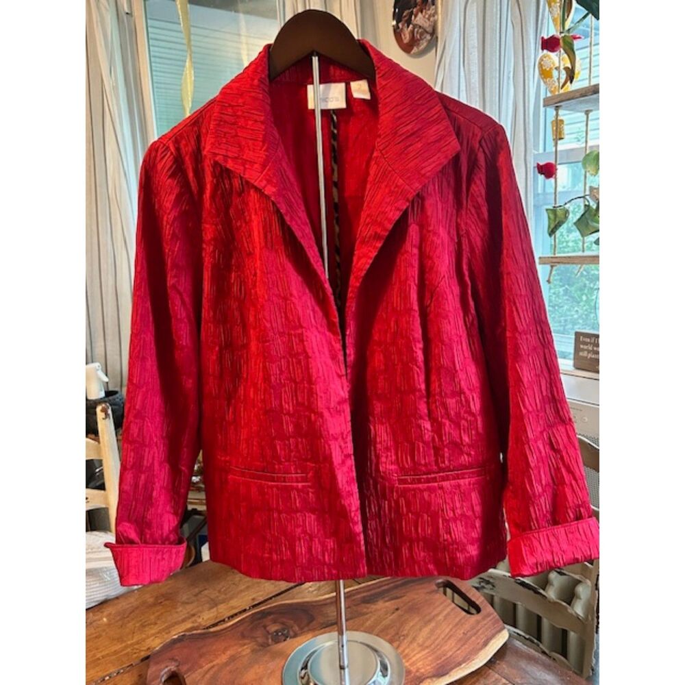 Chico's Red Textured Puckered Open Front Blazer Jacket - Size 2 (US Large 12)